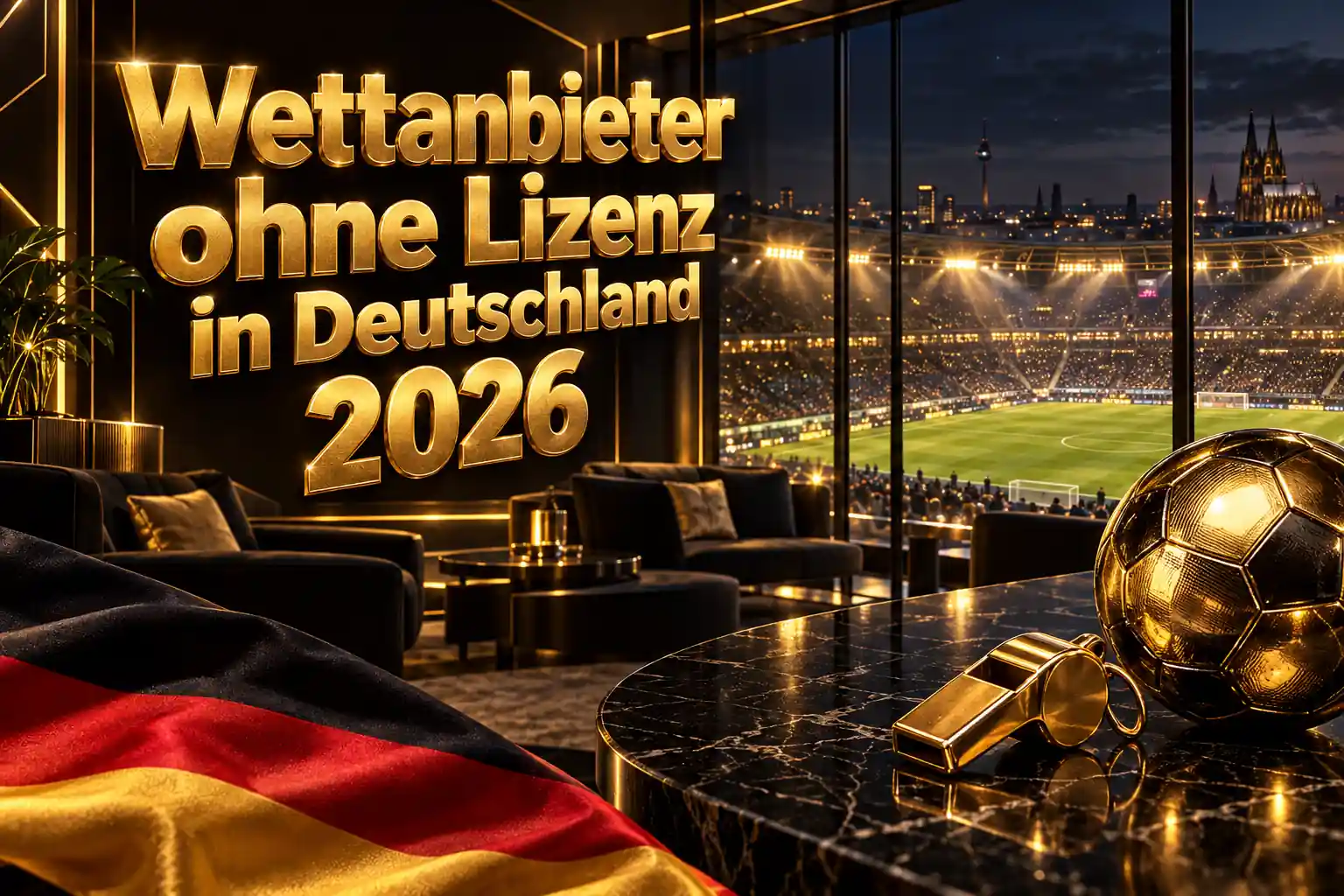 Wettanbieter ohne Lizenz in Deutschland 2026 – goldener Schriftzug in einer Stadionlounge mit goldenem Fußball, Schiedsrichterpfeife und deutscher Flagge