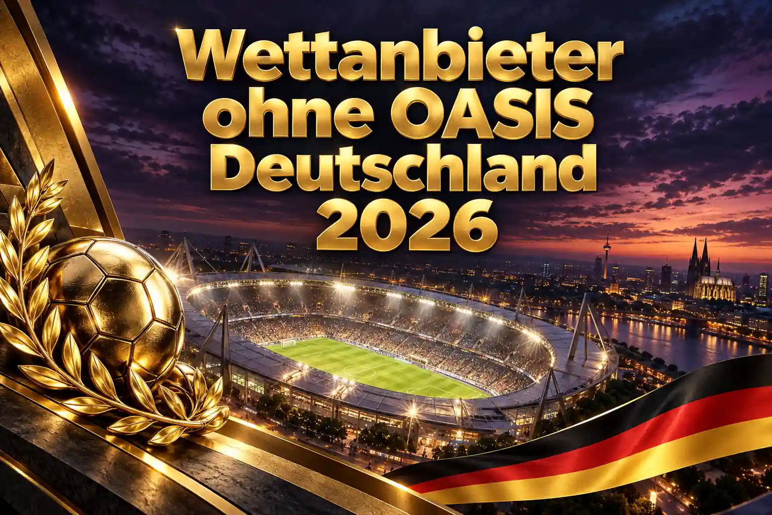 Wettanbieter ohne OASIS Deutschland 2026 – goldener Schriftzug über einem Fußballstadion bei Abendlicht mit goldenem Ball, Lorbeer und deutscher Flagge