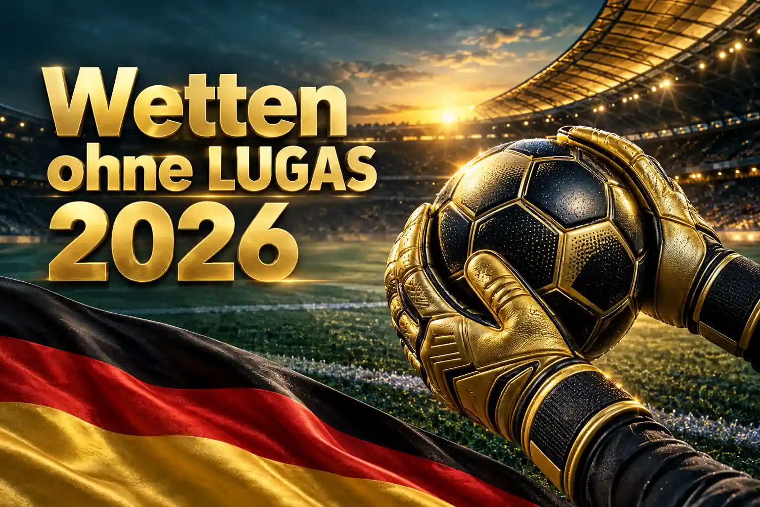 Wetten ohne LUGAS 2026 – goldener Schriftzug neben Torwarthandschuhen mit Fußball und deutscher Flagge im Stadion bei Sonnenaufgang